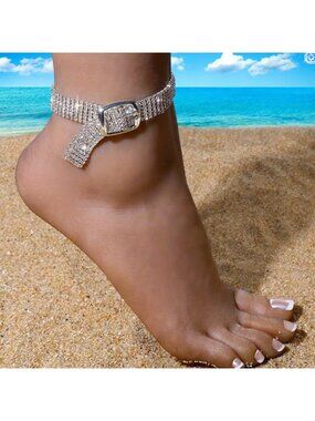 Stylish Wide Rhinestone Anklet Waterproof Sparkling Belt‑Style Ankle Strap